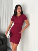 Bisiklet Yaka Kısa Kol Likralı Elbise - Bordo - 4