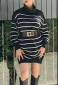 Kadın Uzun Kollu Degaje Yaka çizgili Sonya Iplik Mini Boy Triko Elbise (kemersiz) - 1