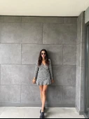 Kadın Uzun Kollu Kruvaze Yaka Kazayağı Mikro Mini Boy Elbise - 4