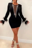 Kadın Dalgıç Kumaş Tül Ve Taş Aksesuarlı Kolları Tüylü Mini Boy Elbise - 3