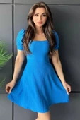 İndigo Kare Yaka Örme Mini Elbise - 1