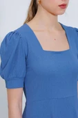 İndigo Kare Yaka Örme Mini Elbise - 5