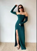 Kadın Bacak Dekolteli Staplez Kol Eldiven Detay Fırsat ürün Elbise - 4