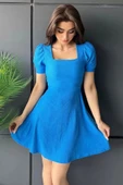 İndigo Kare Yaka Örme Mini Elbise - 6