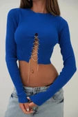 Taş Detay Triko Yaka Crop Bluz - 4