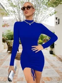 Kadın Uzun Kollu Sağ Belden Sol Etek Ucuna Doğru Hafif çapraz Büzgülü Sandy Mini Boy Elbise - 3