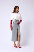 Varak Baskılı Yırtmaçlı Maxi Denim Etek - 2