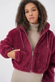 5193 Kapüşonlu Peluş Crop Ceket - Mürdüm - 1