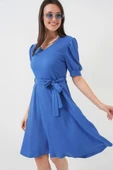 2370 Kuşaklı Örme Elbise - Saks - 1