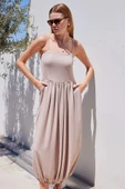 2492 Askılı Örme Salopet Elbise - Bej - 4