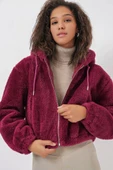 5193 Kapüşonlu Peluş Crop Ceket - Mürdüm - 4