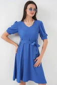 2370 Kuşaklı Örme Elbise - Saks - 4