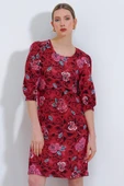 Bordo Gül Desenli Midi Elbise 2477 - 1