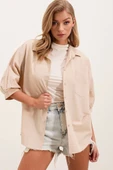 20213 Oversize Kısa Kol Basic Gömlek - Krem - 1