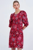 Bordo Gül Desenli Midi Elbise 2477 - 2