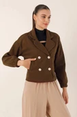 9117 Kruvaze Yaka Crop Ceket - Kahverengi - 4
