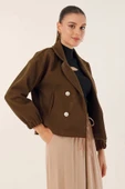 9117 Kruvaze Yaka Crop Ceket - Kahverengi - 3