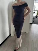 Striptiz Omuzlu Uzun Elbise- Füme - 4