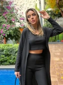 Kadın Yuvarlak Yaka Askılı Krop Bluz Yüksek Bel Tayt Ve Uzun Hırka şardonlu Kaşkorse üçlü Takım - 5
