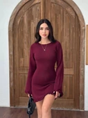 Sırt Pencereli Mini Triko Elbise - Bordo - 1