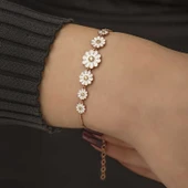 925 Ayar Gümüş Rose Sıralı Papatya Bileklik - 5