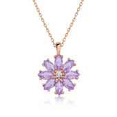 925 Ayar Gümüş Rose Lila Çiçek Kadın Gümüş Kolye thumbnail 2