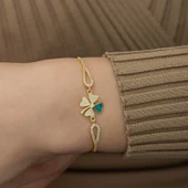 925 Ayar Gümüş Gold Nazarlı Yonca Bileklik thumbnail 2