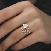 ​925 Ayar Gümüş Rose Beyaz Bahar Çiçeği Yüzük - 3
