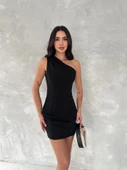Tek Omuzlu Kolsuz Mini Boy Elbise - Siyah - 2