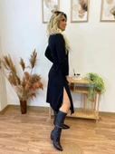 Kadın Uzun Kollu Balıkçı Yaka Omuzda Damla Detaylı Yırtmaçlı Krep Midi Elbise - 7