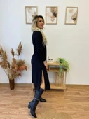 Kadın Uzun Kollu Balıkçı Yaka Omuzda Damla Detaylı Yırtmaçlı Krep Midi Elbise - 6