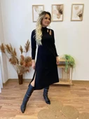 Kadın Uzun Kollu Balıkçı Yaka Omuzda Damla Detaylı Yırtmaçlı Krep Midi Elbise - 2