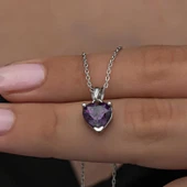 925 Ayar Gümüş Mor Taşlı Kalpli Kadın Kolye thumbnail 1