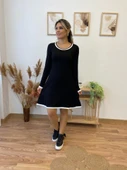 Kadın Uzun Kollu Derin Yuvarlak Yakalı Kısa Viskon Iki Iplik Elbise - 3