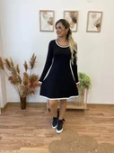 Kadın Uzun Kollu Derin Yuvarlak Yakalı Kısa Viskon Iki Iplik Elbise - 1