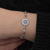 ​925 Ayar Gümüş Baget Taşlı Nazar Kadın Bileklik thumbnail 4