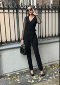 Krep Kumaş Kol Tül Puan Detaylı Kuşaklı Tulum 141 Cm - 6