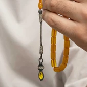 Gümüş 1000 Ayar Kazaz Püsküllü Sıkma Kehribar Tesbih thumbnail 2