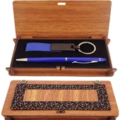 Ahşap Kutulu Koyu Mavi Kalem Ve Anahtarlık Set - 1