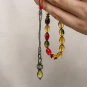 Gümüş 1000 Ayar Kazaz Püsküllü Sıkma Kehribar Tesbih thumbnail 3