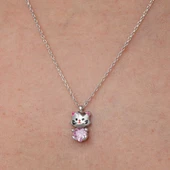 Gümüş Pembe Taşlı Sevimli Kedi Kadın Kolye thumbnail 5