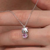 Gümüş Pembe Taşlı Sevimli Kedi Kadın Kolye thumbnail 3