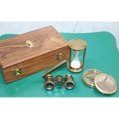 Ahşap Kutulu Pirinç Pusula Kumsaati Dürbün Seti thumbnail 1