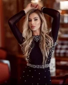 Kadın Uzun Kollu Simit Yaka Kol Tül üzeri Inci Detay Dalgıç Mini Elbise - 8