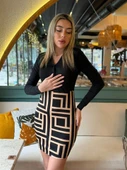 Kadın Uzun Kollu Kruvaze Yaka Labirent Desen Dalgıç Elbise - 3
