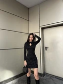 Kadın Uzun Kollu Damla Detay Flok Baskı Dalgıç Mini Elbise - 7