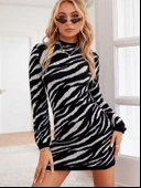 Kadın Uzun Kollu Siyah Beyaz Zebra Desen Triko Elbise - 2