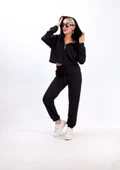 Iki Iplik Kapüşonlu Fermuarlı Crop Oversize Hırka Takım- Siyah - 4