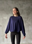 Osy Modal Yumuşak Dokulu Kumaş Bisiklet Yaka Oversize Sweatshirt - Lacivert - 1