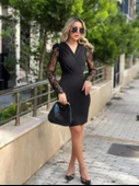 Kadın Uzun Kollu Kruvaze Yaka Kollar Tül Detay Krep Mini Boy Elbise - 5